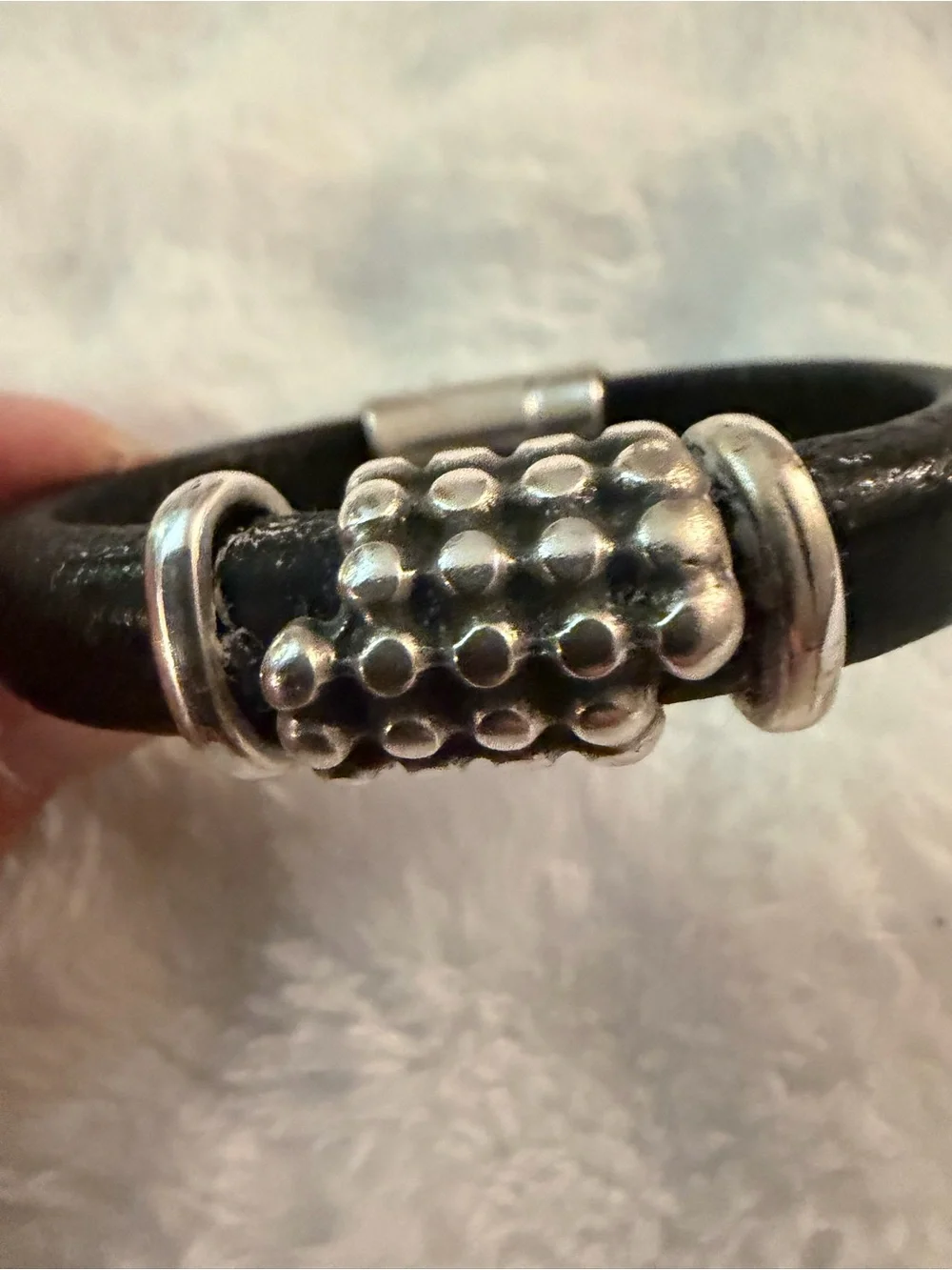 SUNDANCE Black Leather Bracelet with Silver Accents.
